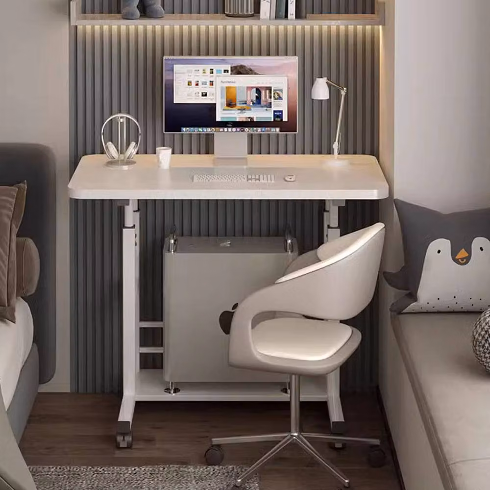 Living and Home Height Adjustable 2-Tier Mobile Overbed Desk with Shelves and Castors in White – 3