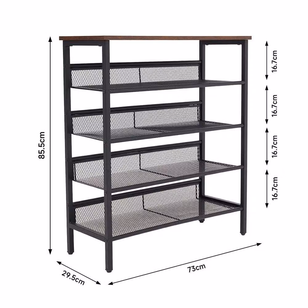 VOGREX 5 Tier Industrial Metal and Wood Shoe Rack with Adjustable Shelves in Black and Multicolour – 2