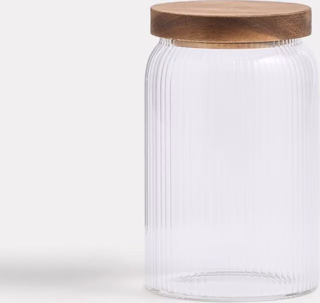 M&S Medium Ribbed Transparent Glass Storage Jar with Wood Lid and Striped Detail