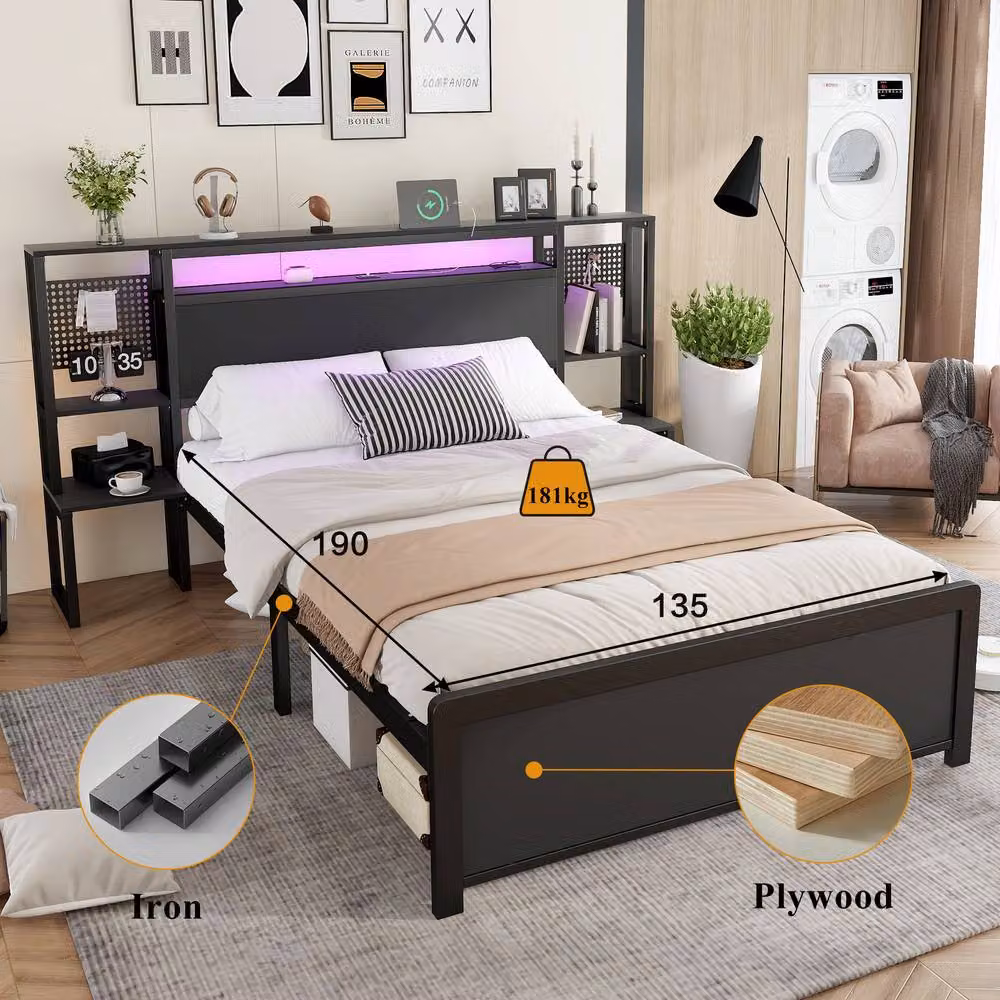Merax Black Metal Double Bed Frame with Bedside Tables, LED Lighting and USB Charging Ports, W/D/H: 140 x 200 x 135 cm – 4