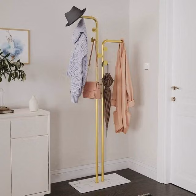 Kelvenix Metal Floor Standing Hall Tree Coat Rack and Hat Hanger in Gold and White – 1