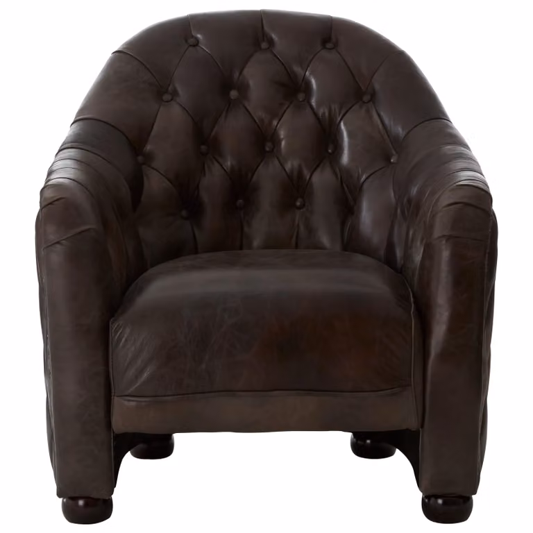 Orsina Grey Leather Chesterfield Armchair with Walnut Solid Wood Frame and Button Tufted Armrests