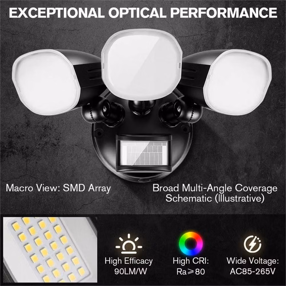 NESTLUNE 200W 3-Head LED Outdoor Motion Sensor Security Floodlight in Black – 6