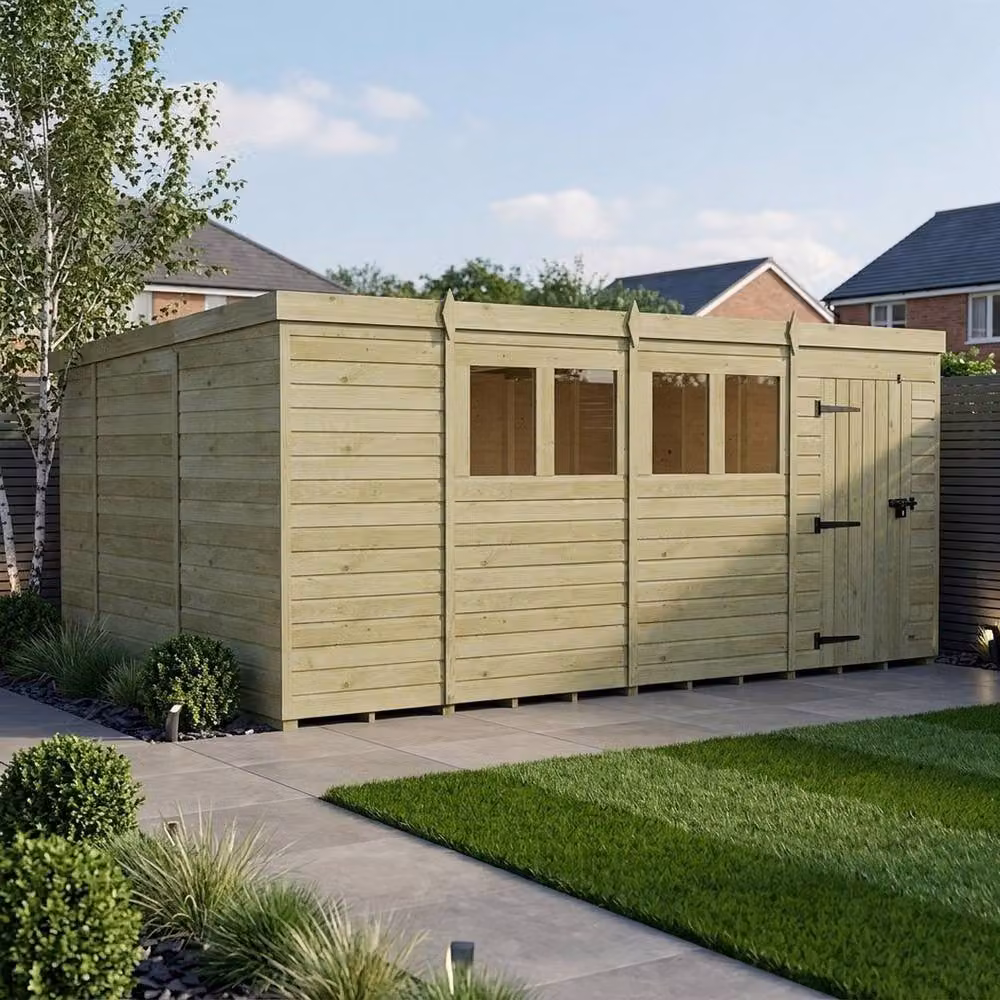 Buttercup Farm Pent Garden Shed with Single Door and Windows, Brown Timber – 2