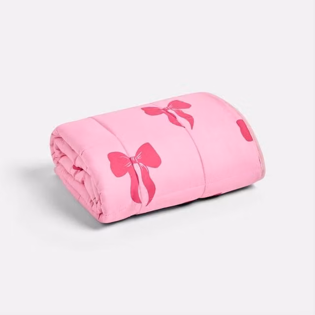 OHS Kids Bow Print Teddy Fleece 3kg Weighted Blanket in Pink, W: 100 cm, D: 150 cm