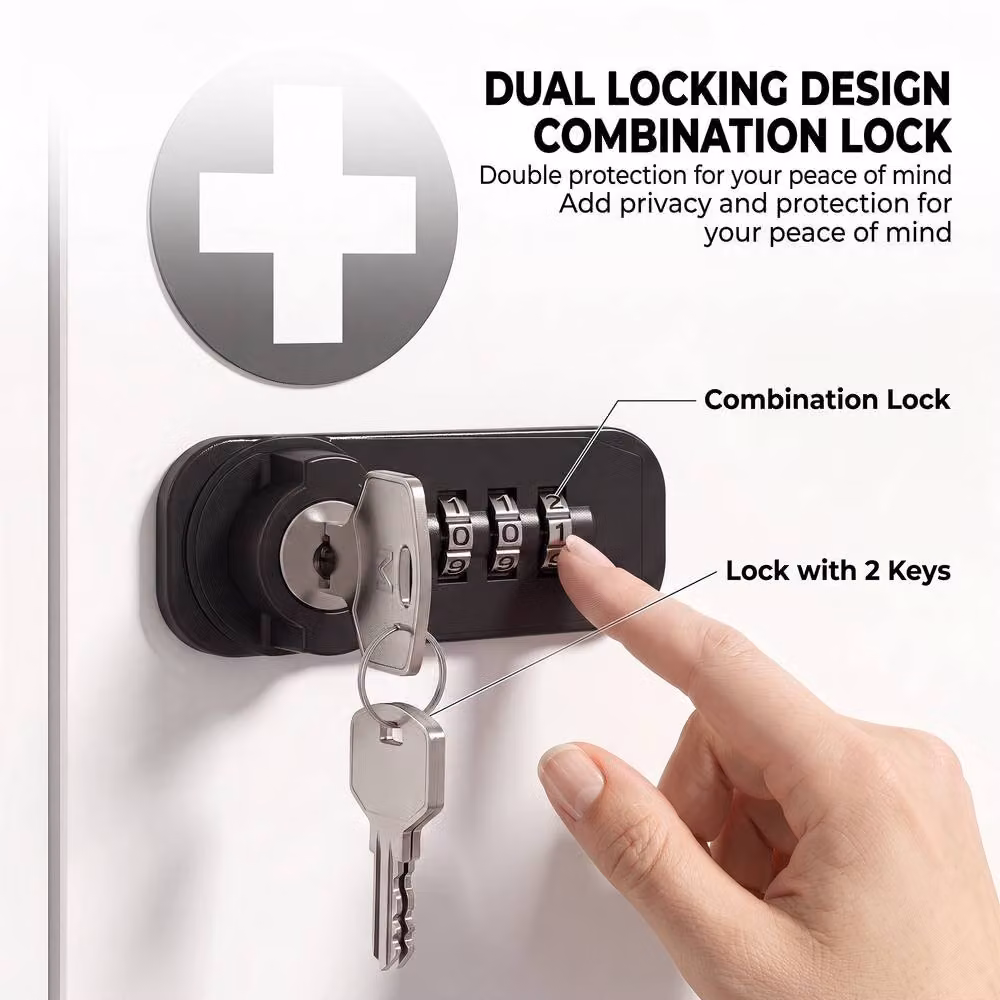 HOMCOM Wall Mounted White Metal Medicine Cabinet with Combination and Key Lock, W/D/H: 30 x 14 x 30 cm – 6