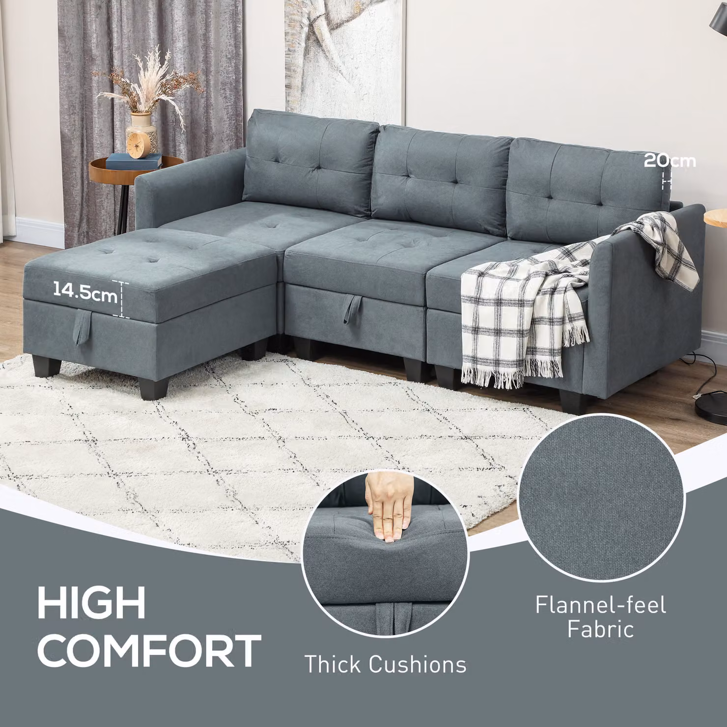 HOMCOM Reversible L-Shape Modular Sofa with Storage in Dark Grey – 6