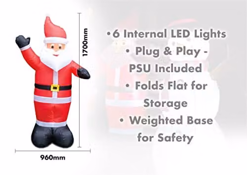 Netagon Inflatable Father Christmas with LED Lights in Red, Height: 170 cm – 2