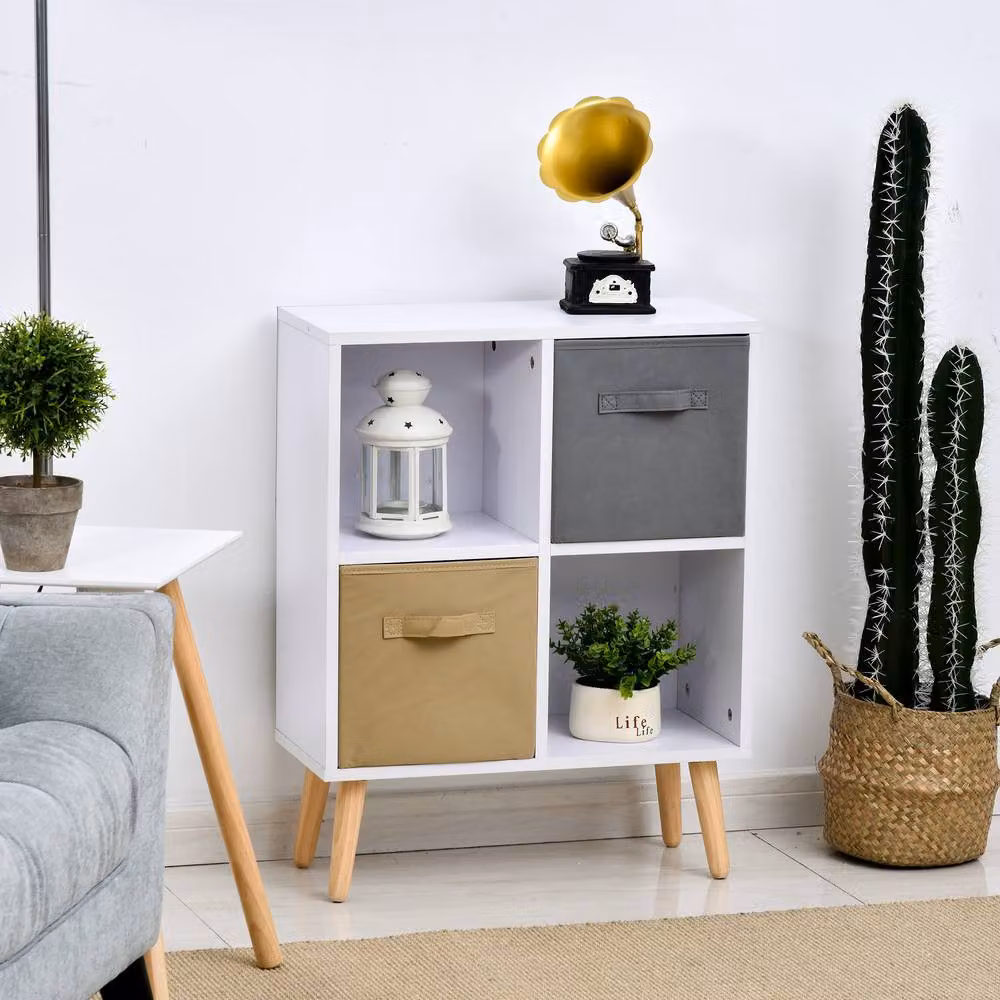 ERGOVEXA Freestanding 4 Cube Unit Cabinet with 2 Fabric Drawers in White – 4