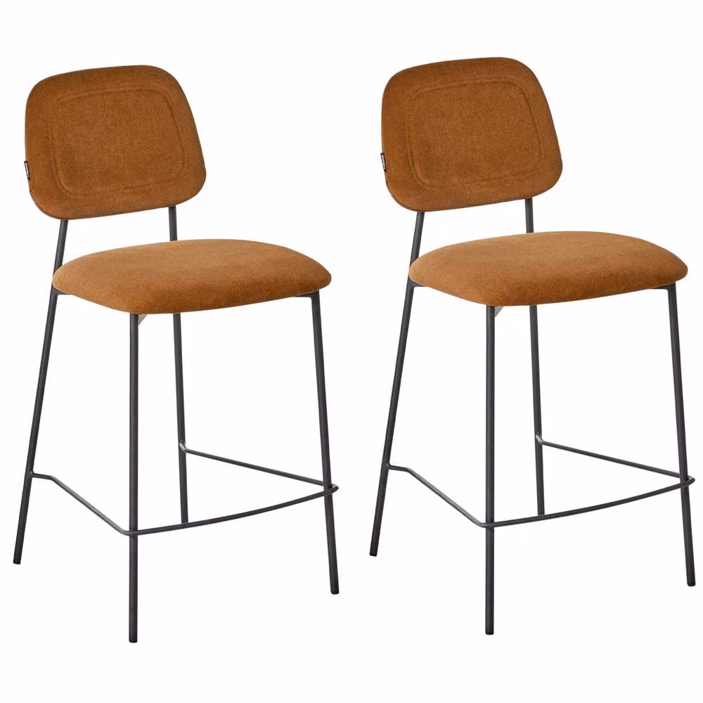Wyld and Coco Set of 2 Lux Velvet Bar Chairs with Black Metal Frame in Golden Brown – 2
