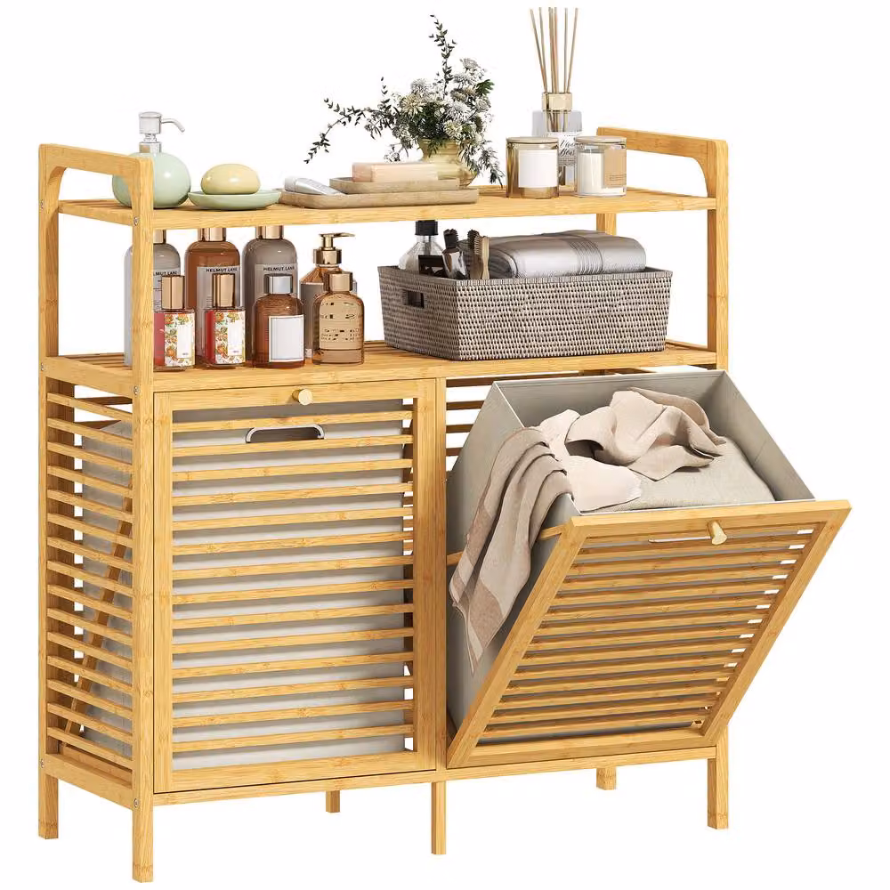 HOMCOM Double Tilt Out Bamboo Laundry Hamper Cabinet in Natural Brown – 2
