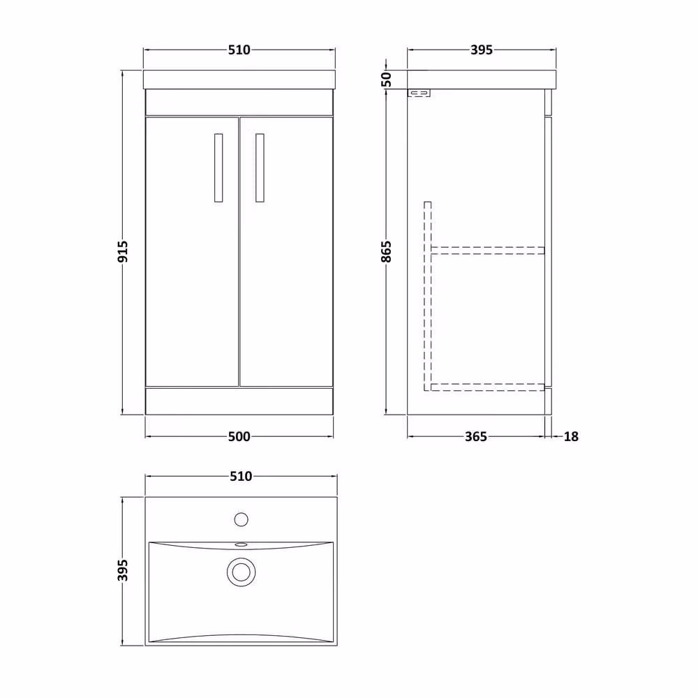 Balterley Millwich Contemporary Gloss Grey 2 Door Floor Standing Bathroom Vanity Unit with Basin, W/D/H: 510 x 390 x 915 mm – 2