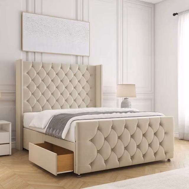 BSSPOKE Florida Super King Divan Bed with Mattress and 2 Drawers in Cream Velvet