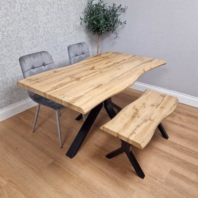 KOSY KOALA Brown Wooden Rectangular Dining Table with 2 Grey Velvet Chairs and Bench Set