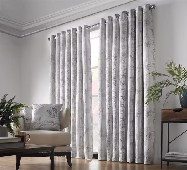 Luxury Living Fern Jacquard Floral Ready Made Eyelet Curtains in Silver, Width: 168 cm, Drop: 137 cm