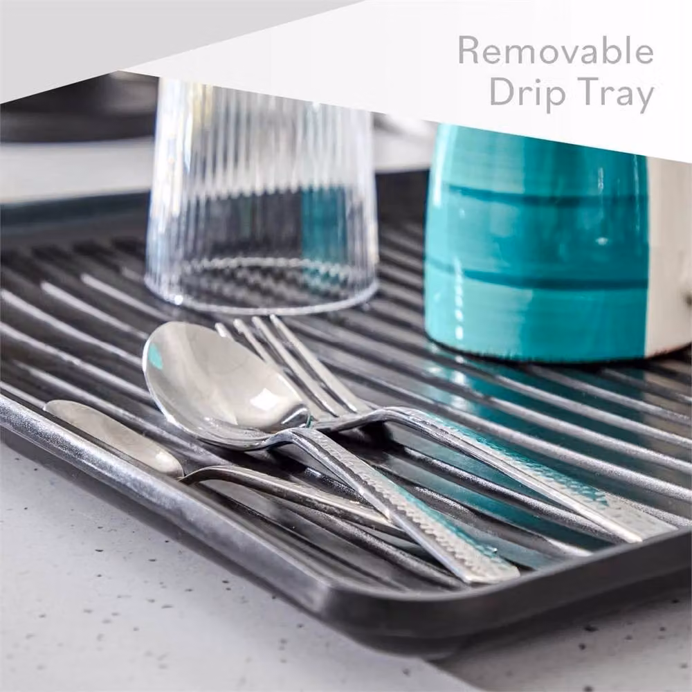 Benross Rectangular Plastic Dish Drainer Rack with Drip Tray and Cutlery Holder in Grey and Black – 1