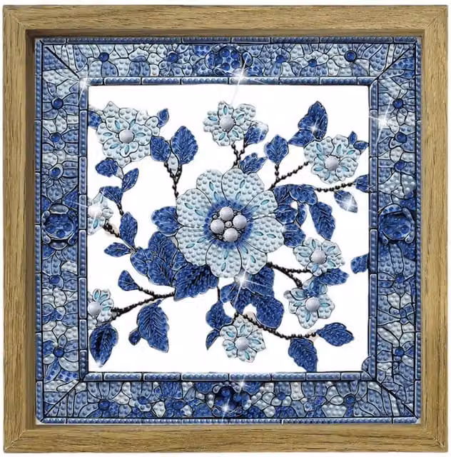 Syntego Floral Blue Mosaic Frame Diamond Art Kit for Adults in Blue and White