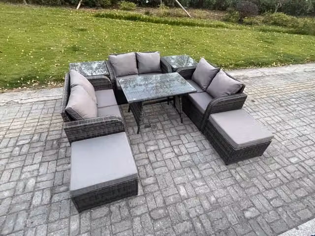 Fimous 8 Seater Outdoor Rattan Garden Furniture Set in Dark Grey with Rectangular Dining Table, 2 Footstools and 2 Side Tables