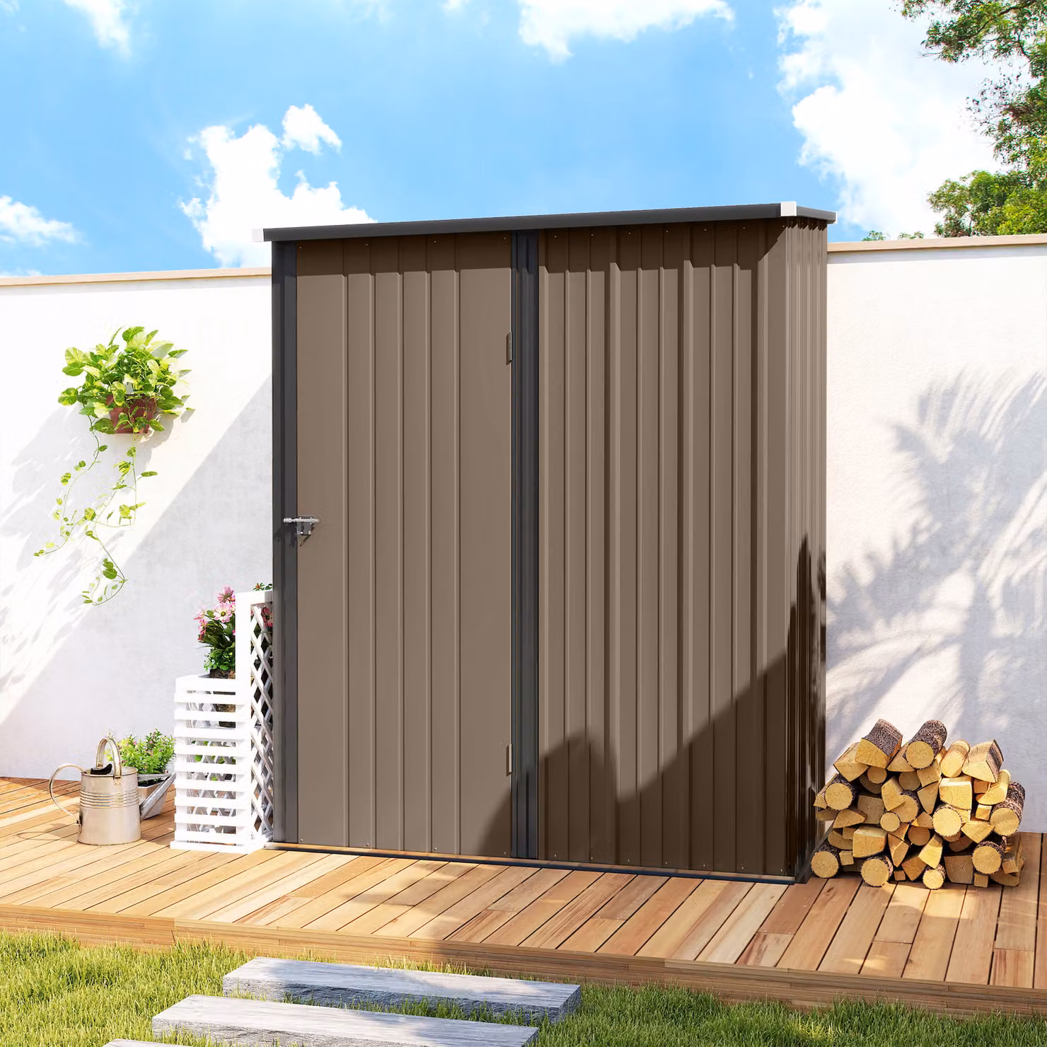 Outsunny Heavy-Duty Metal Outdoor Storage Shed with Lockable Door and Corrugated Steel Roof, Brown – 7