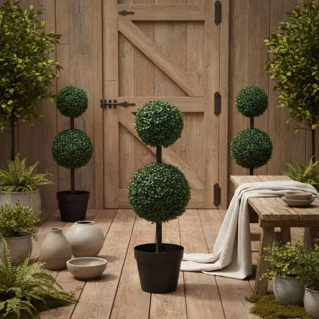 Wyld Haus Tonami Set of 2 Green Artificial Boxwood Ball Topiary Trees in Black Pots