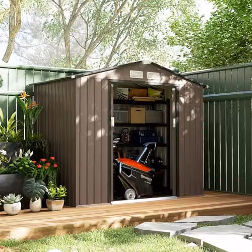Outsunny Brown Galvanised Steel Pent Garden Storage Shed with Lockable Sliding Door and Side Vents – 11