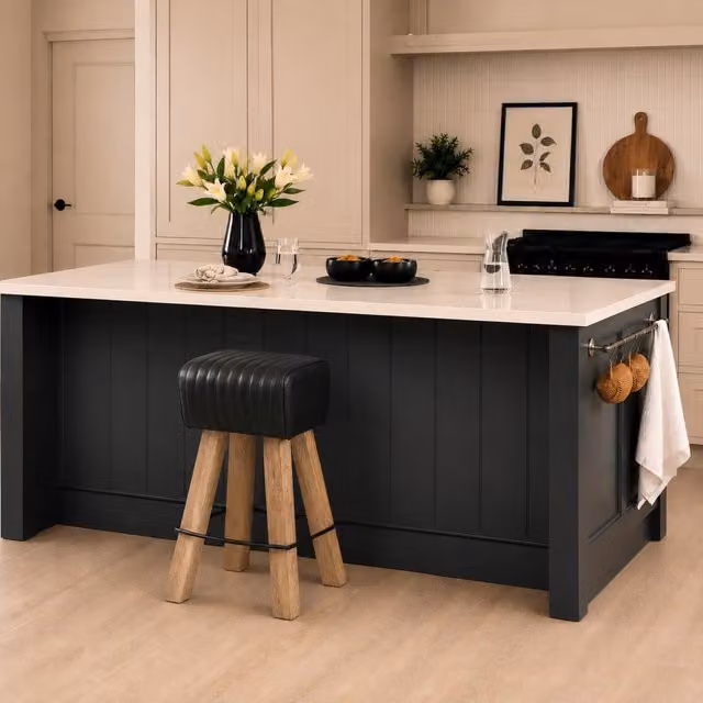 Elm Home And Garden Industrial Mango Wood Bar Stool with Black Leather Seat - Black