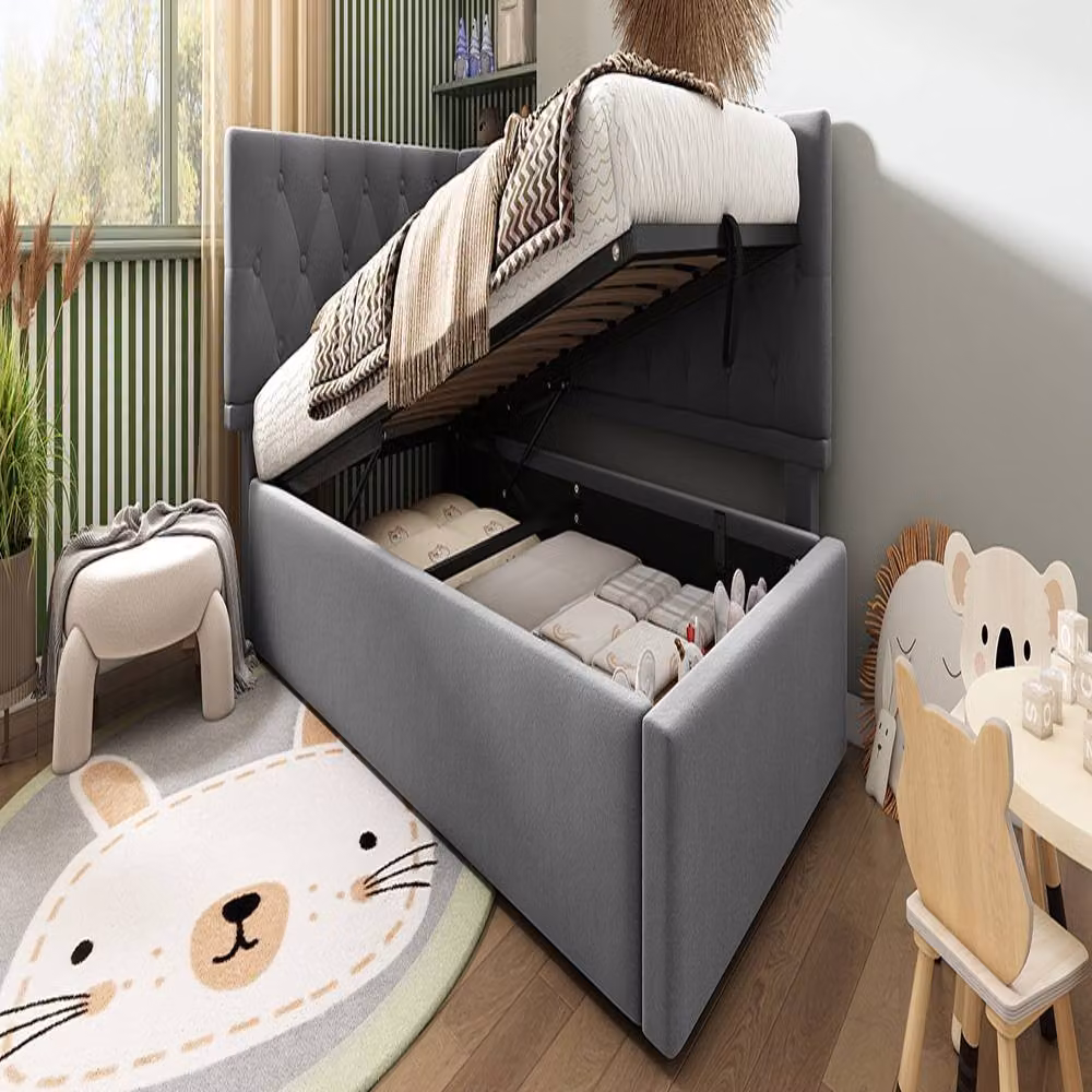 Rolipo Grey Velvet Single Daybed with Hydraulic Storage and Upholstered 3FT Sofa Bed, W: 90 cm, L: 190 cm – 2