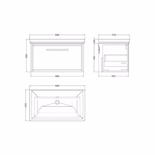 Balterley Wall Hung Single Drawer Bathroom Vanity Unit with Rectangular Sink in Antique Oak Brown W/D/H: 83 x 47.1 x 49.8 cm – 2