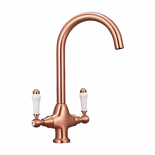 Nes Home Antique Copper and White Ceramic Handle Twin Lever Kitchen Mixer Tap with Swivel Spout in Silver – 2