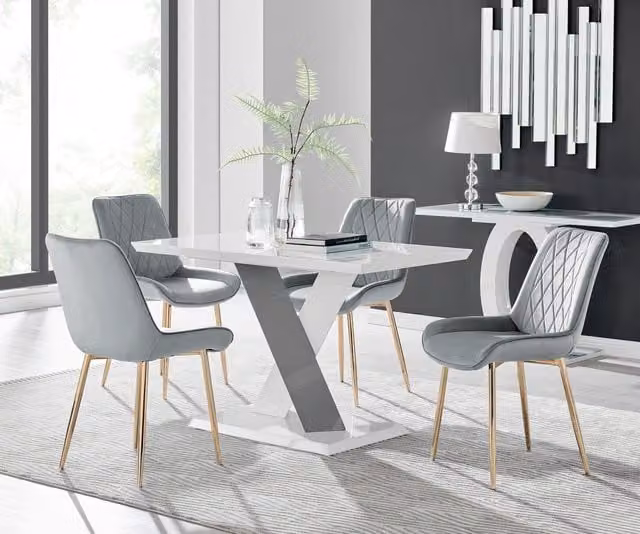 Furniturebox Monza White High Gloss Rectangular Dining Table with 4 Grey Pesaro Gold Leg Chairs