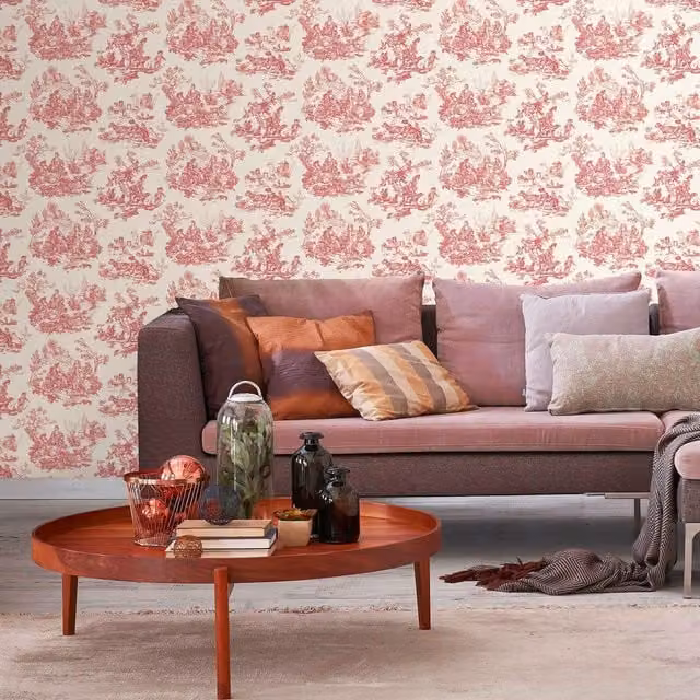 Decoprint Exclusive Shades Toile De Jouy Country Wallpaper in Red with Classic Floral and Nature Patterns