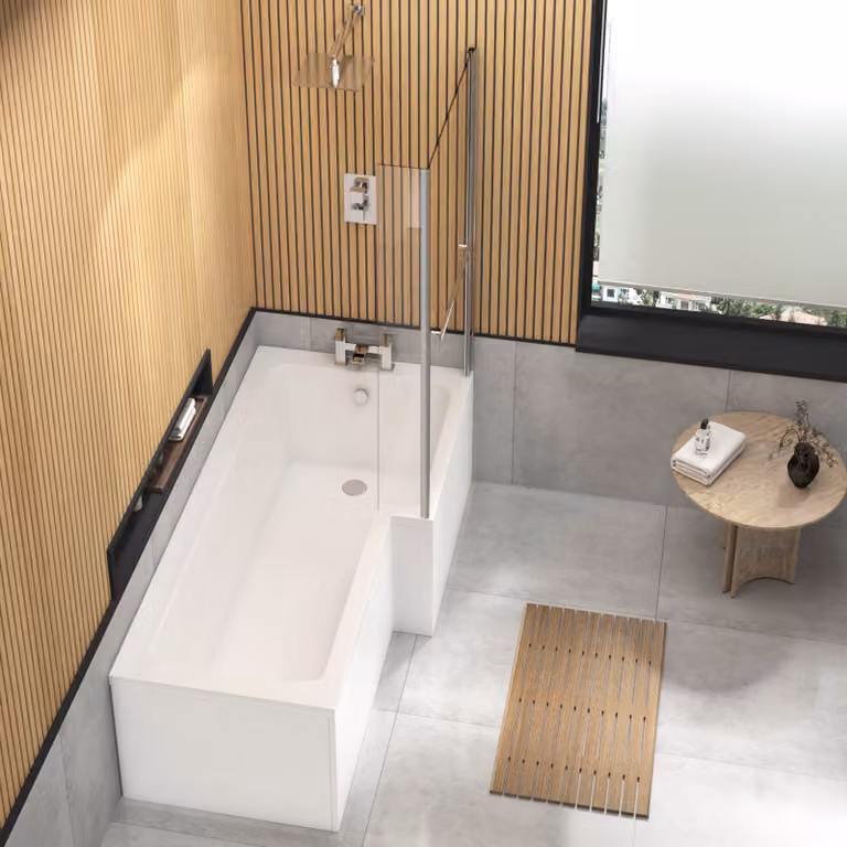 Qubix White Acrylic Right Hand L Shaped Corner Shower Bath with Fixed Screen W: 150 cm, D: 85 cm