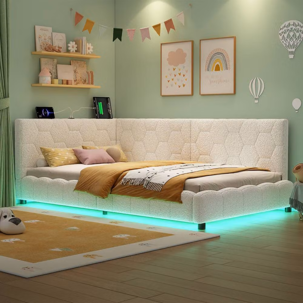 BTM Single Hexagon Boucle Bed Headboard in Beige with RGB LED Lighting and USB Charging Port – 2