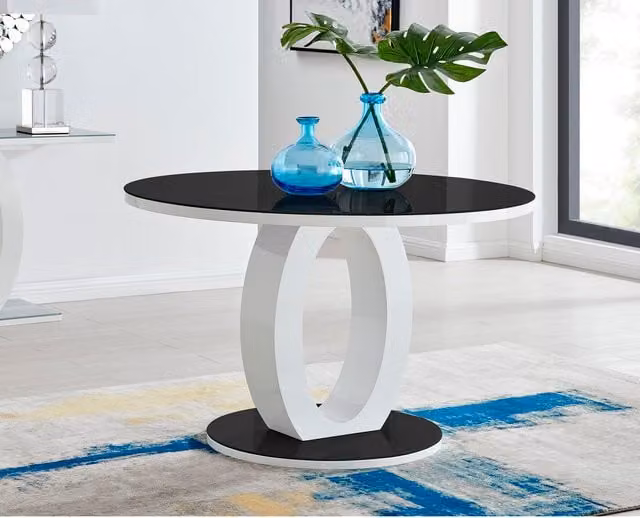 Giovani Modern Round Glass and High Gloss Kitchen Dining Table in Black and White, Diameter: 120 cm