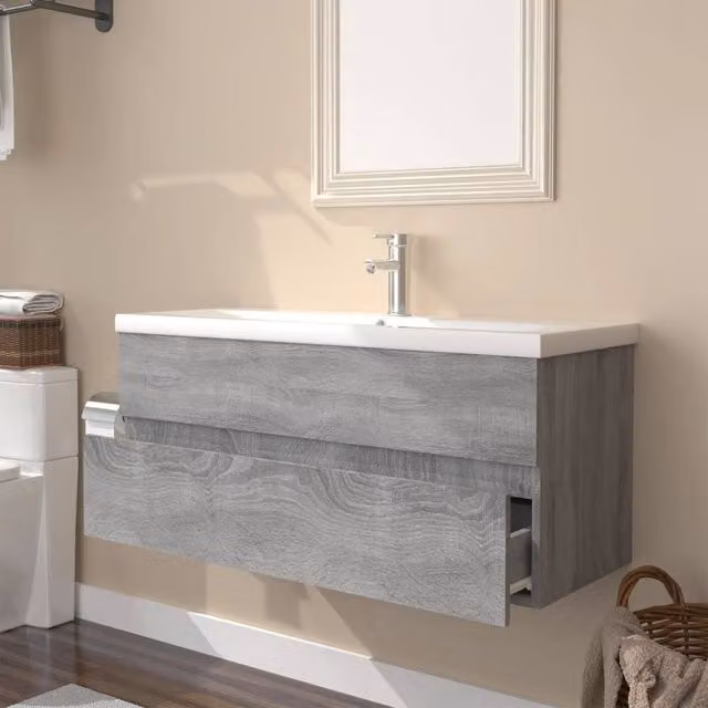 Berkfield Home Sink Cabinet with Built-in Basin in Grey Sonoma Engineered Wood W/D/H: 100 x 45 x 38.5 cm – 1