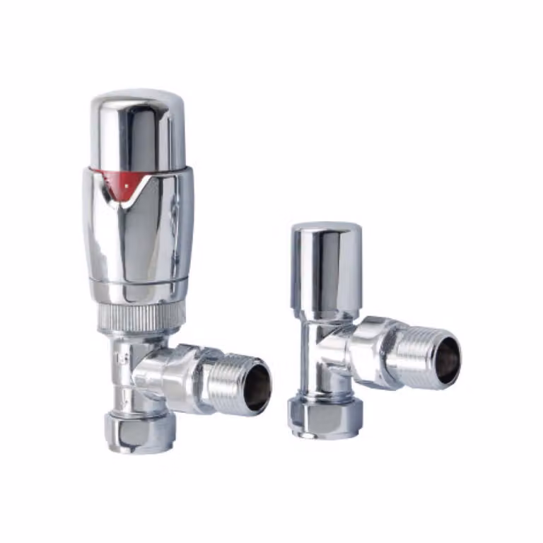 Arno Chrome Round Angled Radiator Valve Pair with Thermostat Head and 1/2 inch Brass Construction