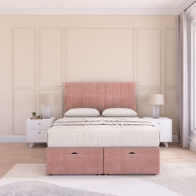 Sloomy Kansas Pink Plush Fabric Ottoman Bed with Sprung Memory Hybrid Mattress and 54 Inch Floorstanding Headboard, W/D/H: 100 x 200 cm