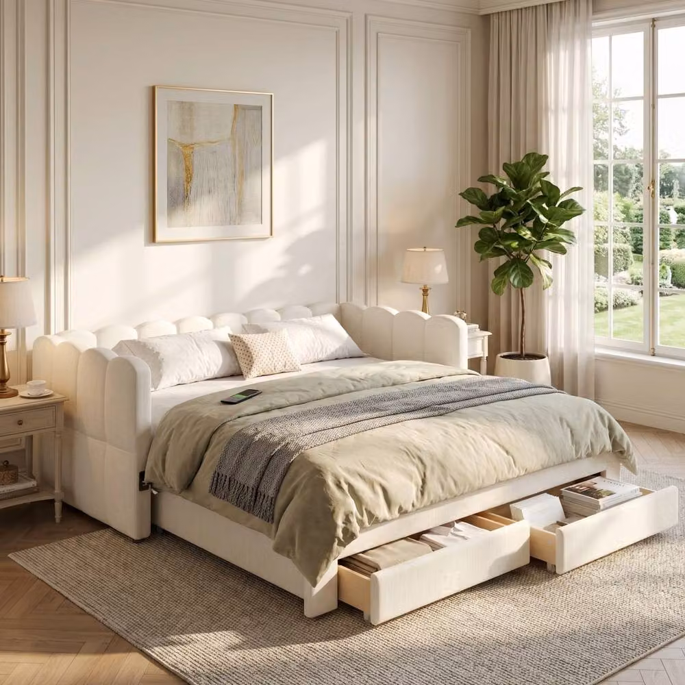 STILVORA Beige Upholstered Single Daybed with Pull-Out Bed, Drawers and USB Charging Port, W/D/H: 190 x 90 cm – 2
