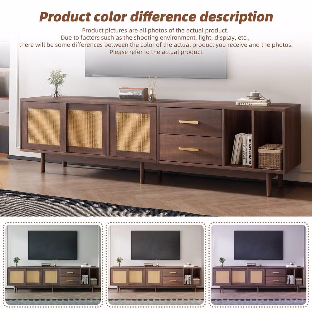 ModernLuxe Modern TV Cabinet with 2 Drawers and Rattan Sliding Doors in Dark Brown, W/D/H: 190 x 40 x 52 cm – 4