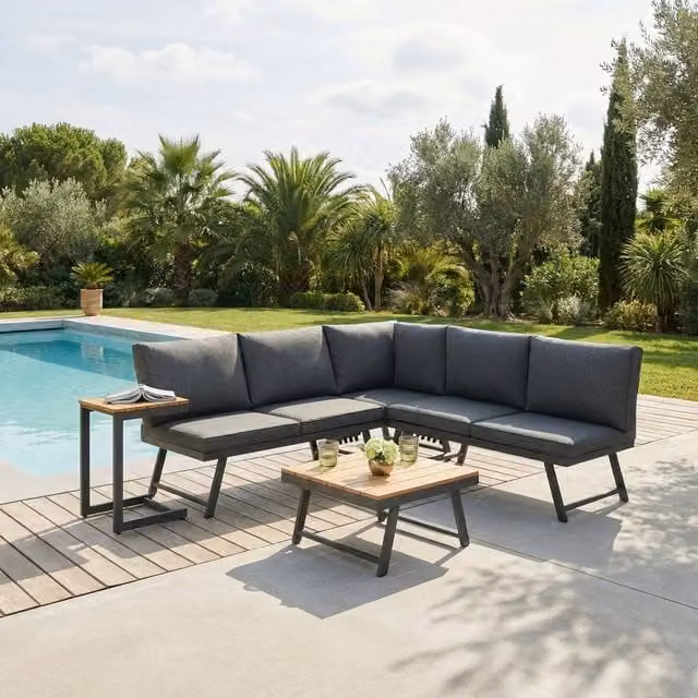 Home Garden Direct Monaco Lounge Corner Sofa Set with Natural Polywood Top and Black Cushions