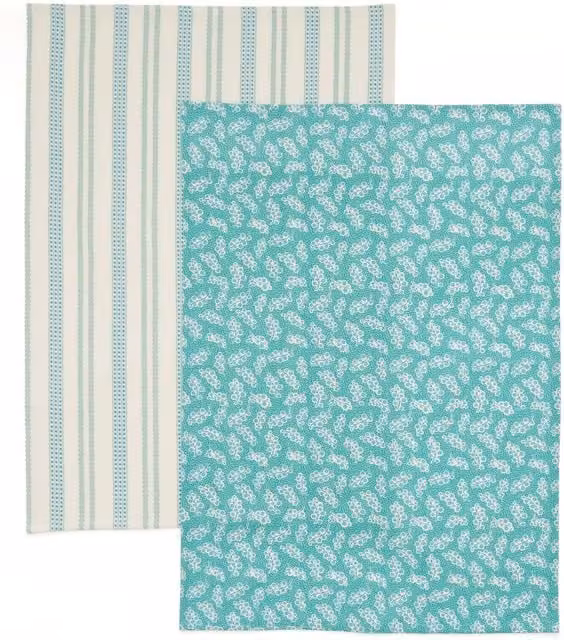 Land & Shore Ticking Stripe and Livie Cotton Tea Towel Set, Green and Blue