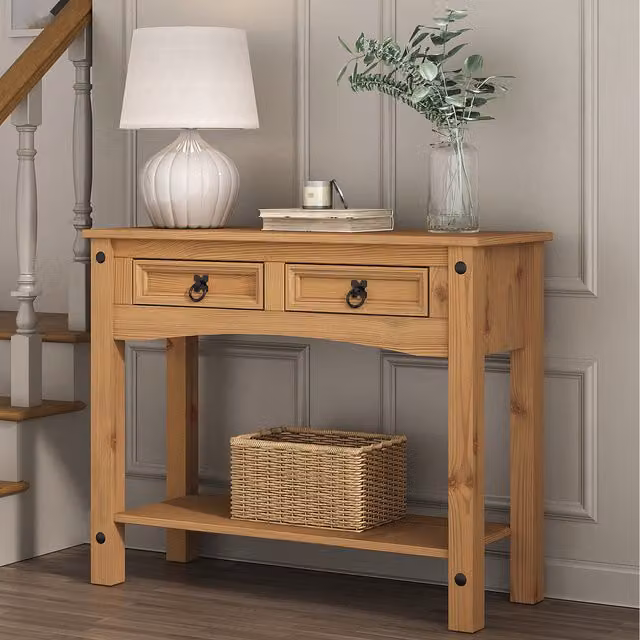 Mews Corona Console Table with 2 Drawers in Brown Waxed Rustic Pine