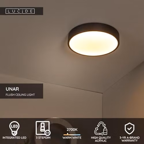 Lucide UNAR Dimmable LED Flush Ceiling Light, Black, Diameter: 30 cm – 2