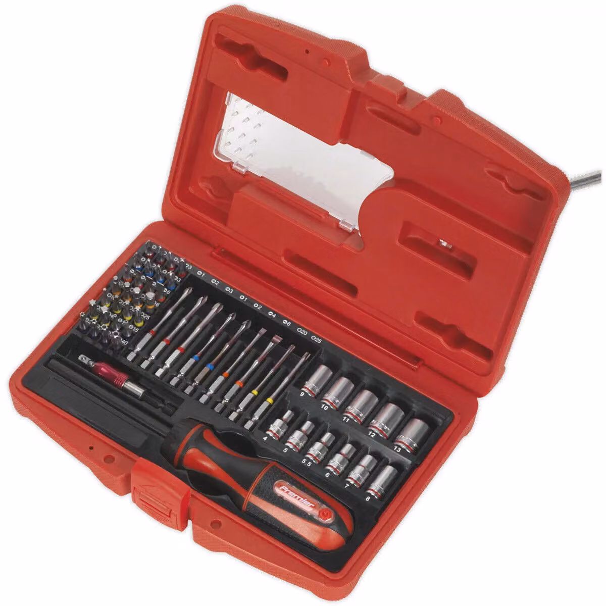 Loops 51 Piece 1/4 Inch Fine Tooth Ratchet Screwdriver Socket and Bit Set in Red Chrome Molybdenum Steel – 3
