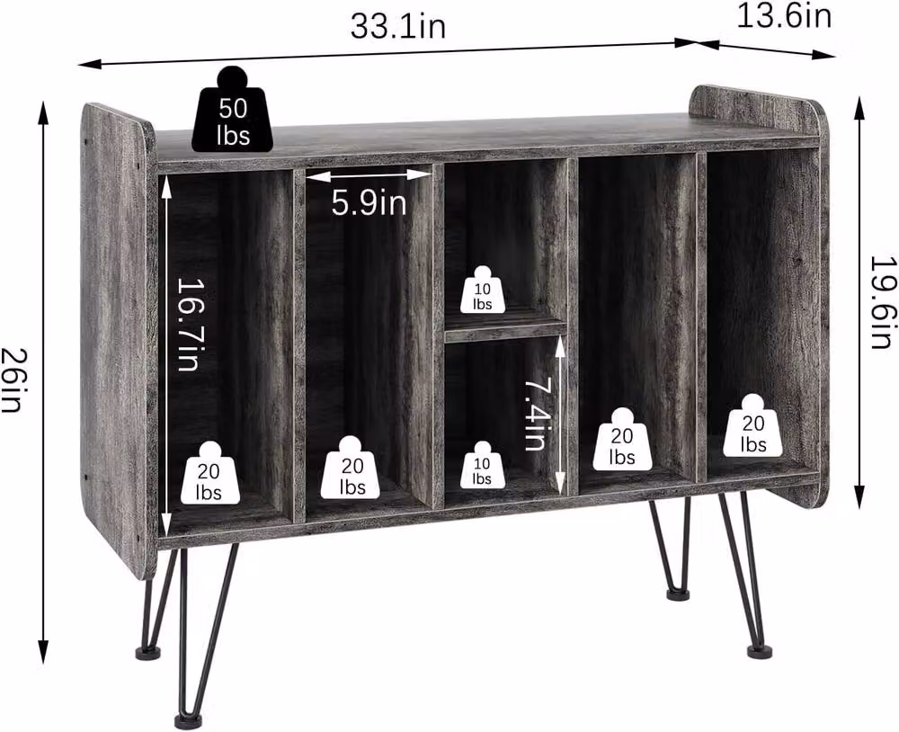 Huhote 3 Tier Vinyl Record Player Stand Storage Cabinet End Side Table in Grey – 3