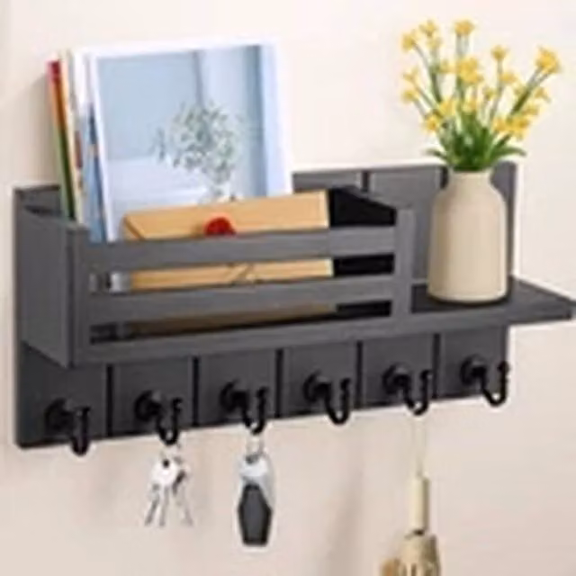 EONLION Wall Mounted Key Holder with 6 Hooks and Mail Shelf Entryway Organiser in Black