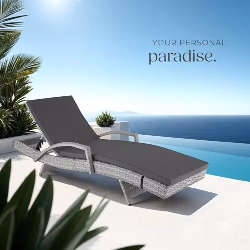 tectake Rattan Sun Lounger with 5-Position Adjustable Backrest and Soft Cushion in Light Grey – 2