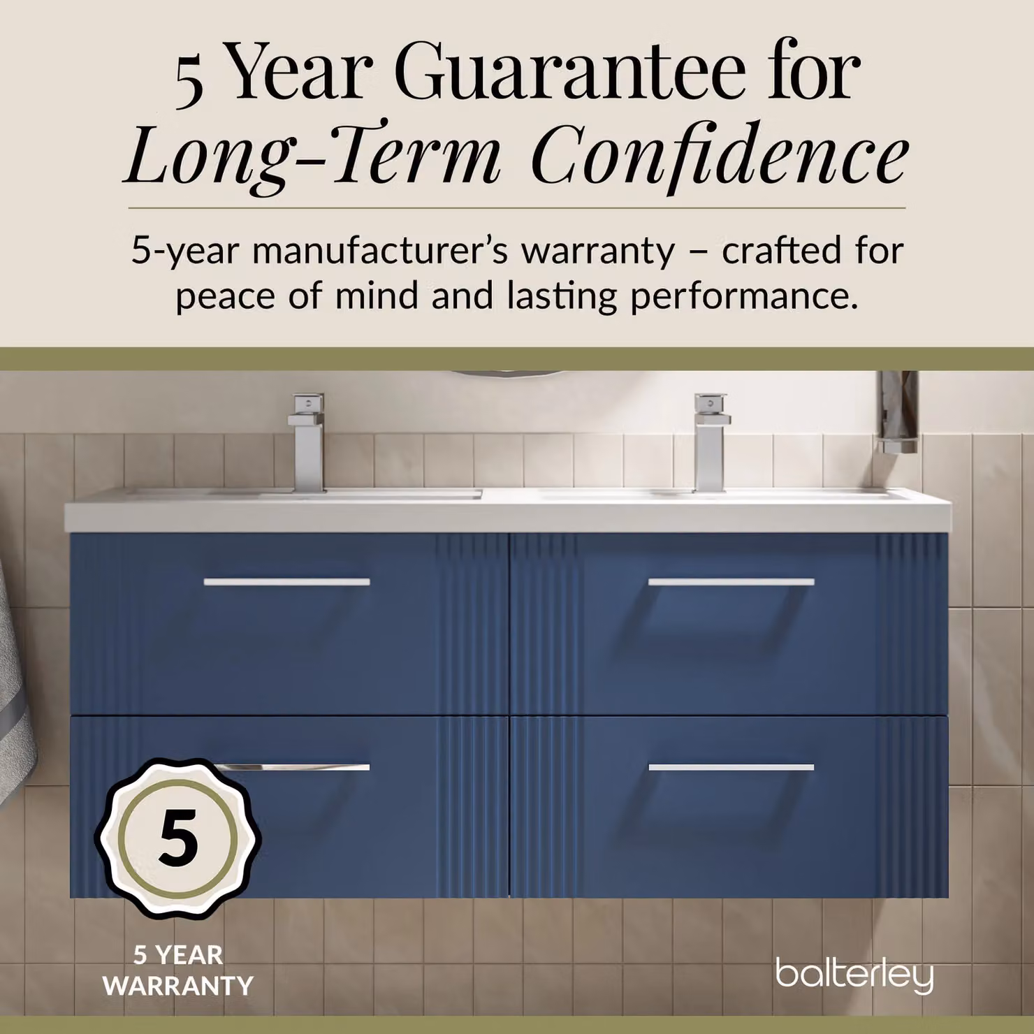Balterley Wall Hung 4 Drawer Vanity Unit with 2 Polymarble Basins, Satin Blue, W: 120 cm – 5