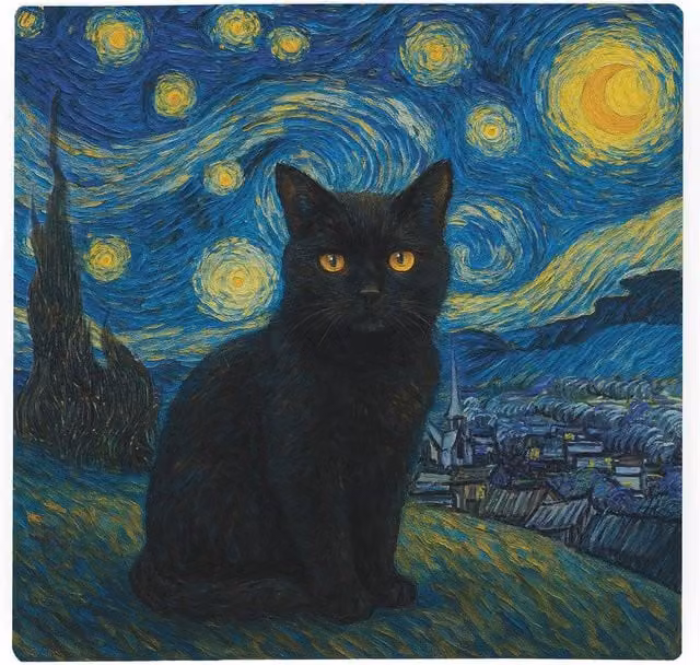 Purely Home Van Gogh Starry Night Black Cat Large Square Glass Worktop Protector and Chopping Board in Blue and Black