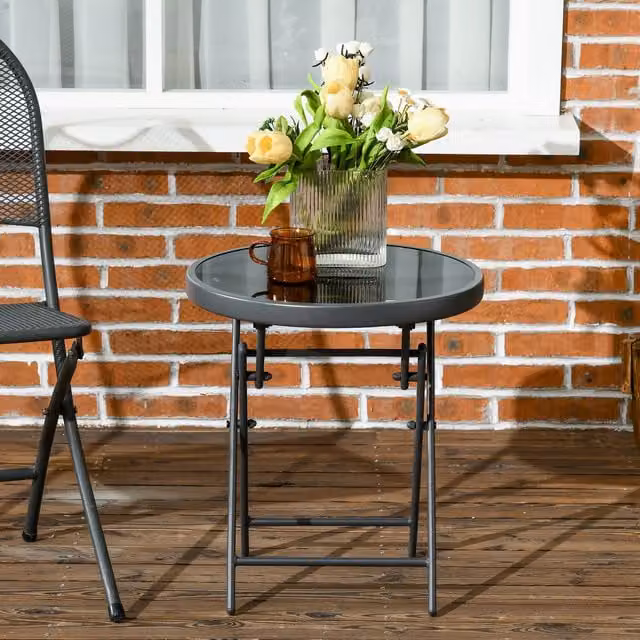 Outsunny Round Folding Outdoor Side Table in Black Metal and Glass